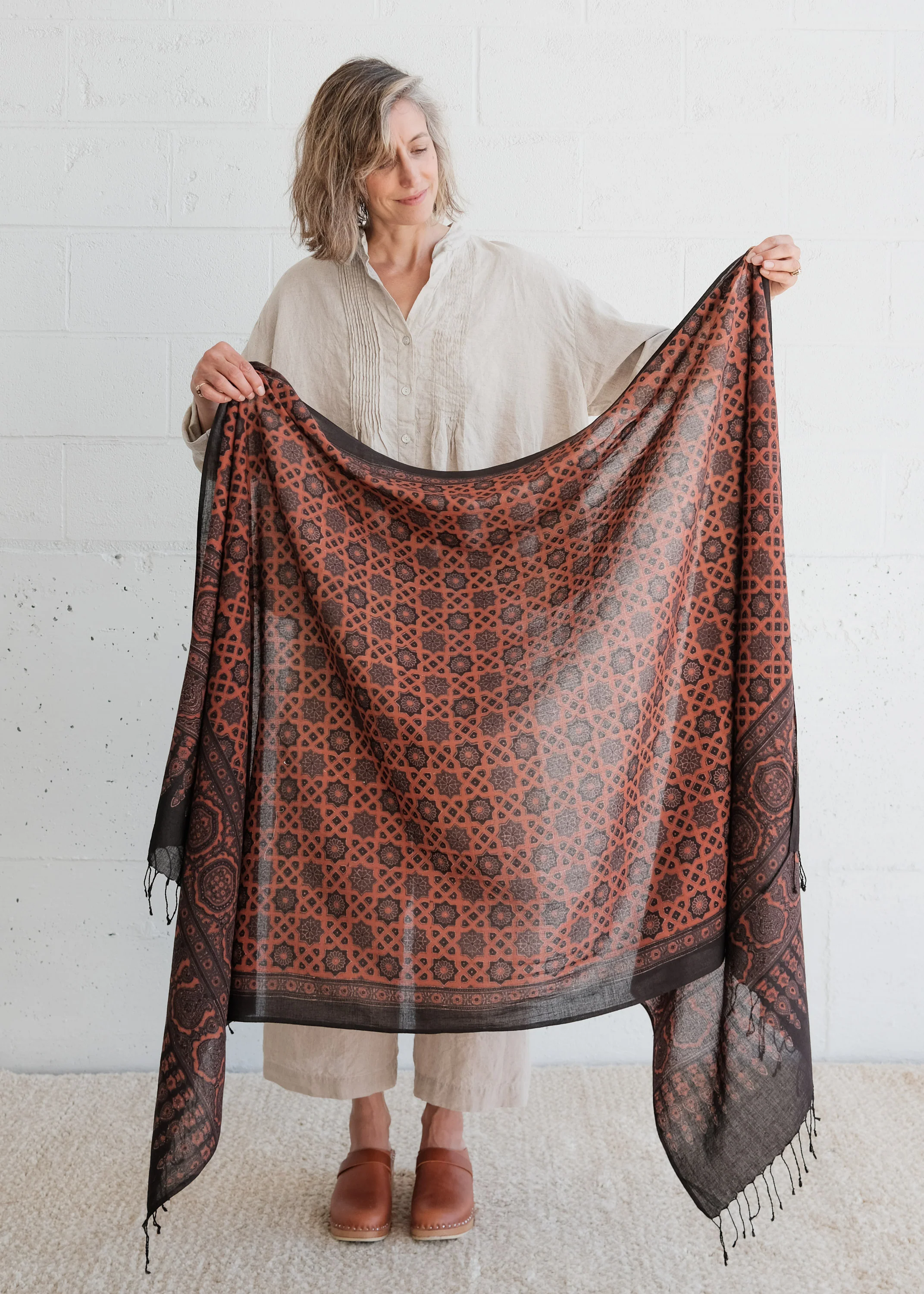 Ajrakh Block Print Shawl - Handwoven Cotton - Madder Star - Image 3