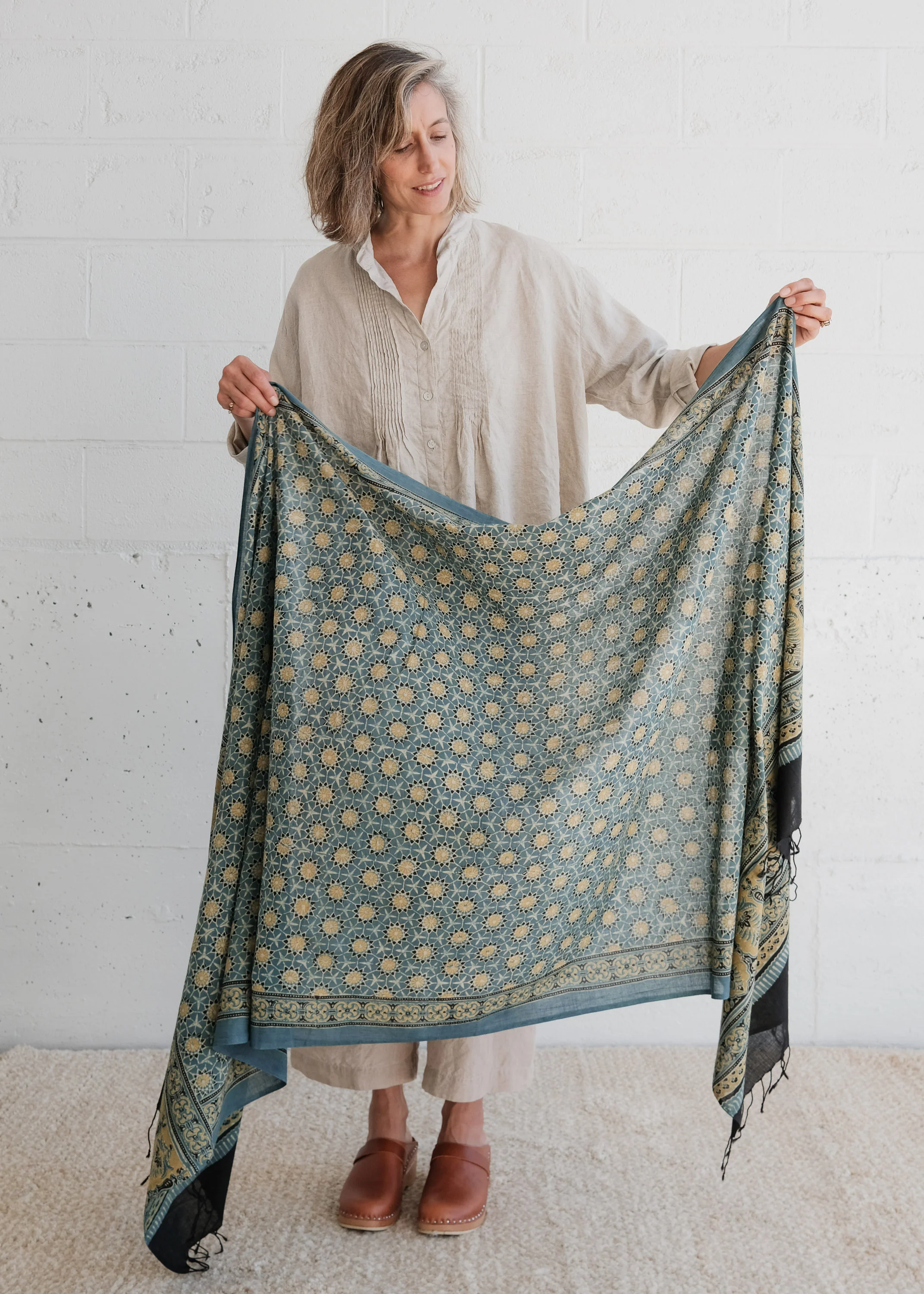 Ajrakh Block Print Shawl - Handwoven Cotton - Zinnia Stars