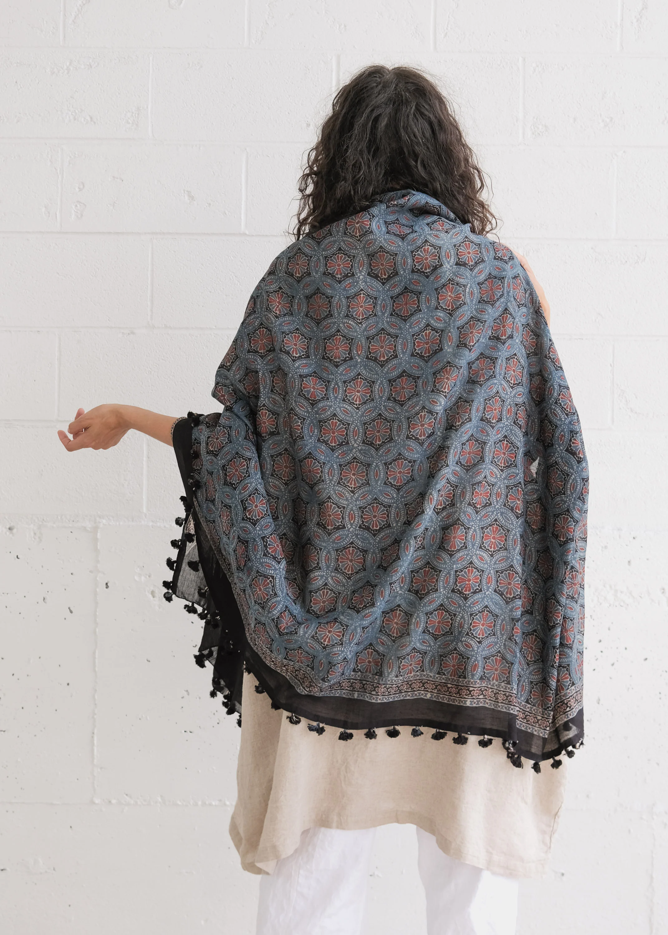 Ajrakh Block Print Shawl - Silk Cotton - Indigo & Madder - Image 3