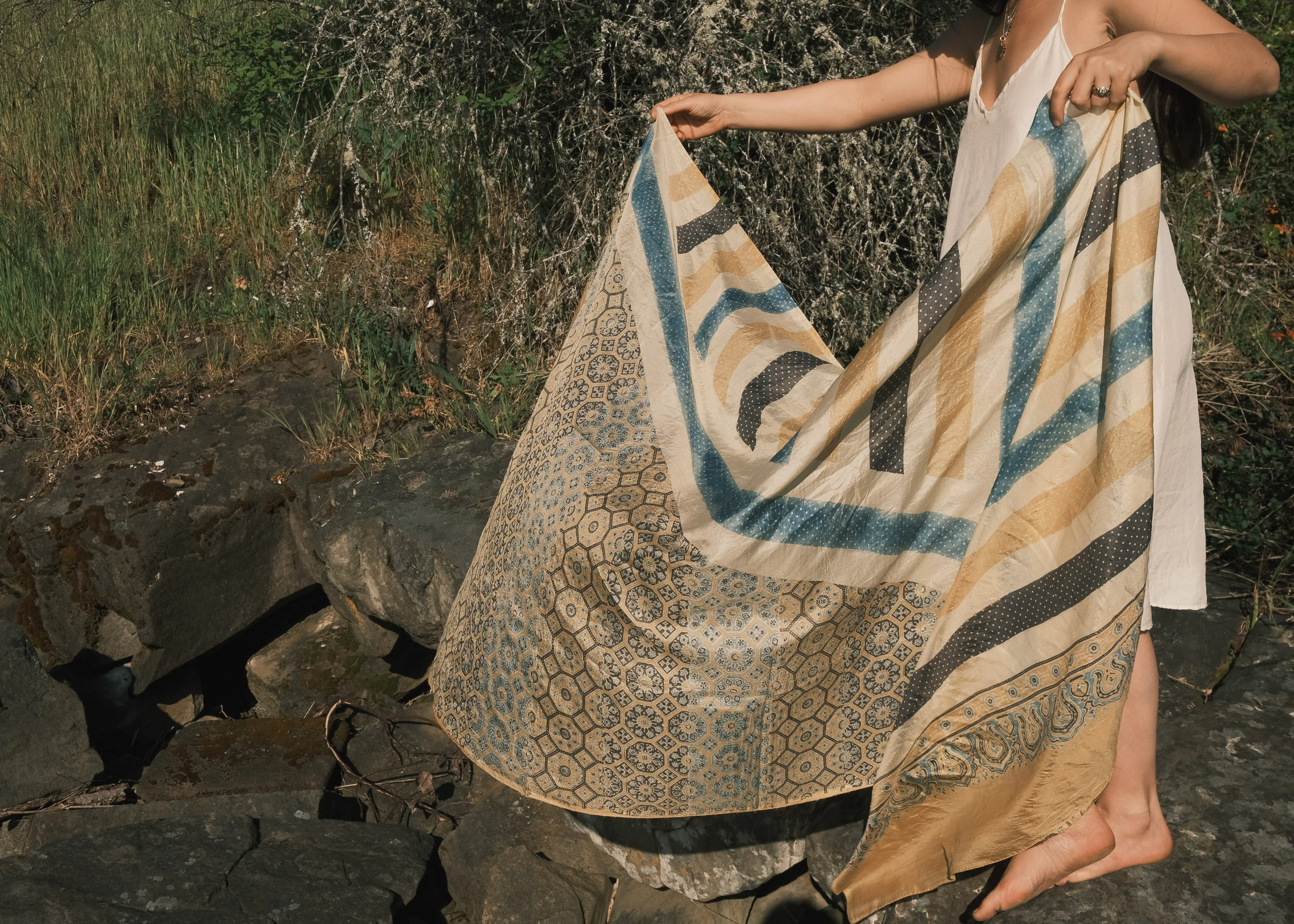 Ajrakh Block Print Shawl - Silk - Golden Light - Image 8