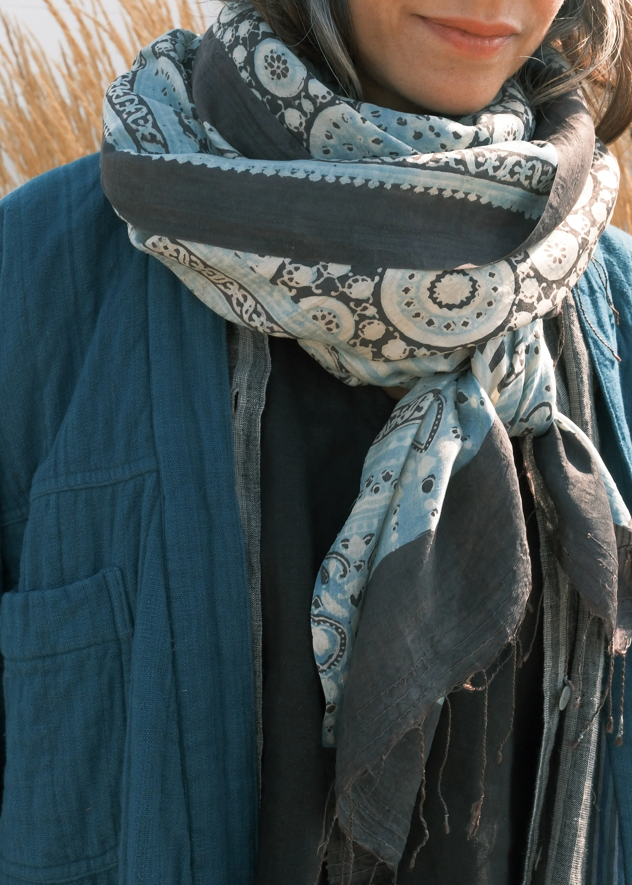 Ajrakh Block Print Shawl - Silk - Kiss of Indigo - Image 2