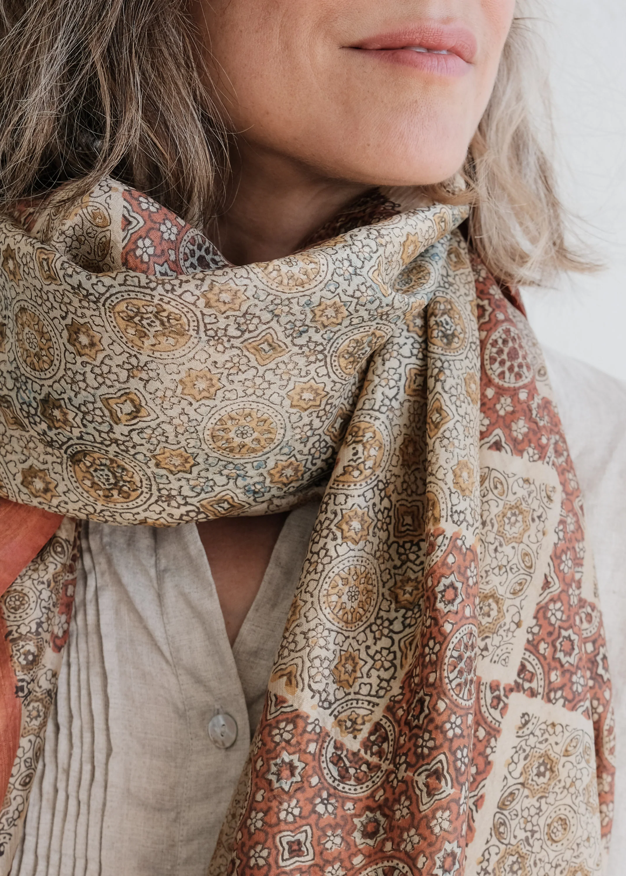 Ajrakh Block Print Shawl - Silk - Mosaic Terra - Image 3