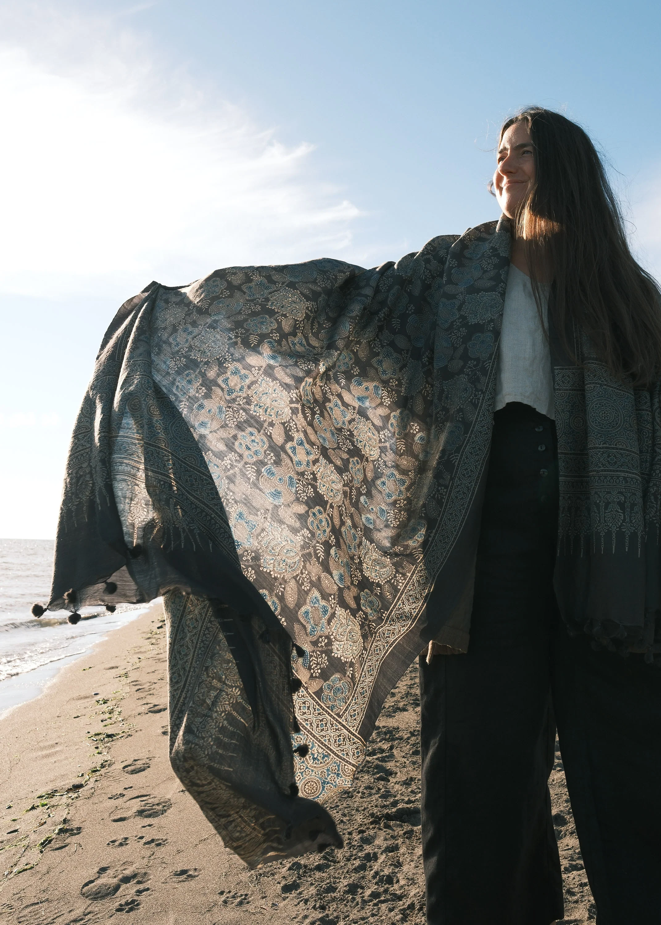 Ajrakh Block Print Shawl - Silk & Wool - Morning Moon - Image 4