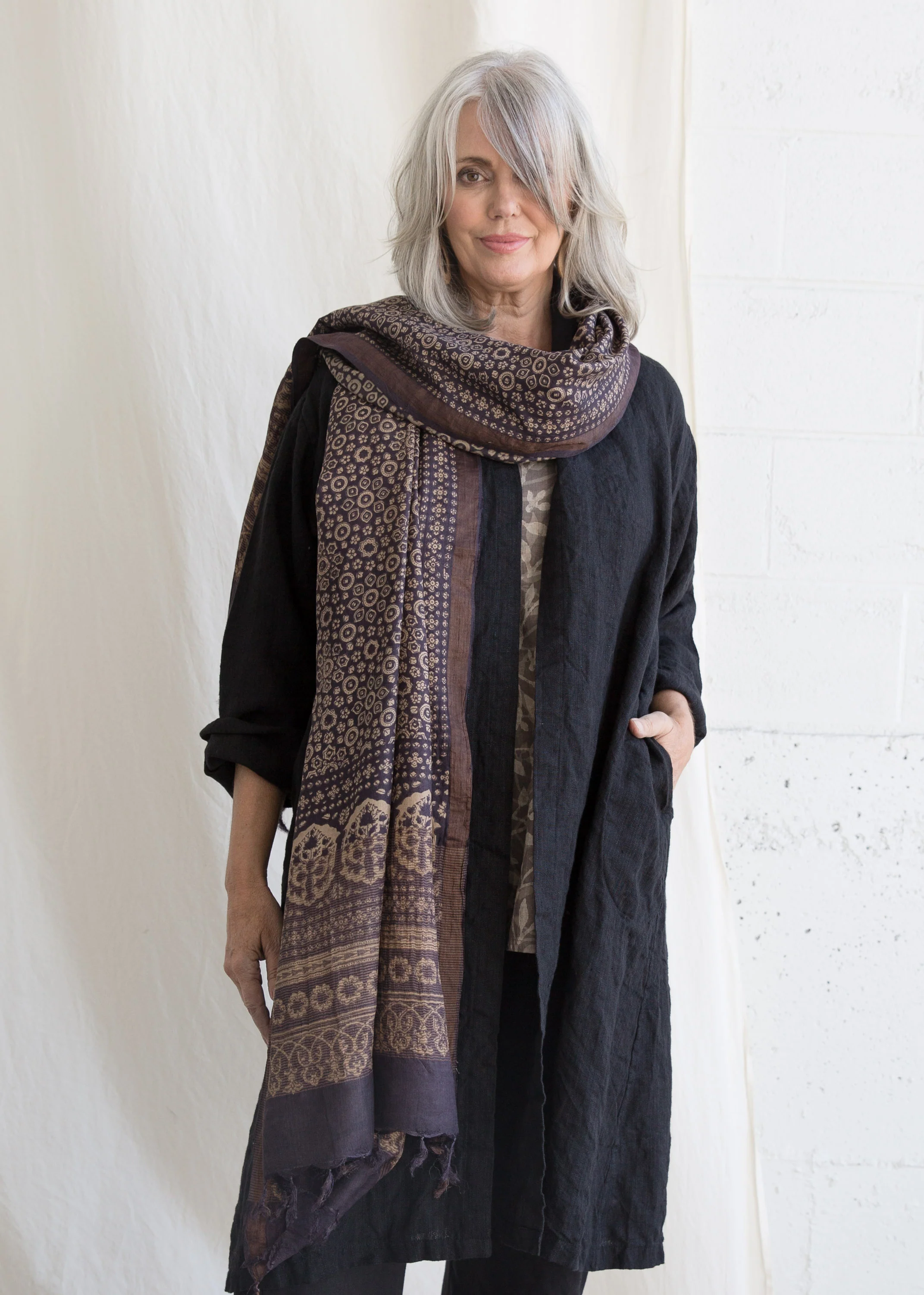 Ajrakh Block Print Shawl - Wild Silk - Black Pearl - Image 4