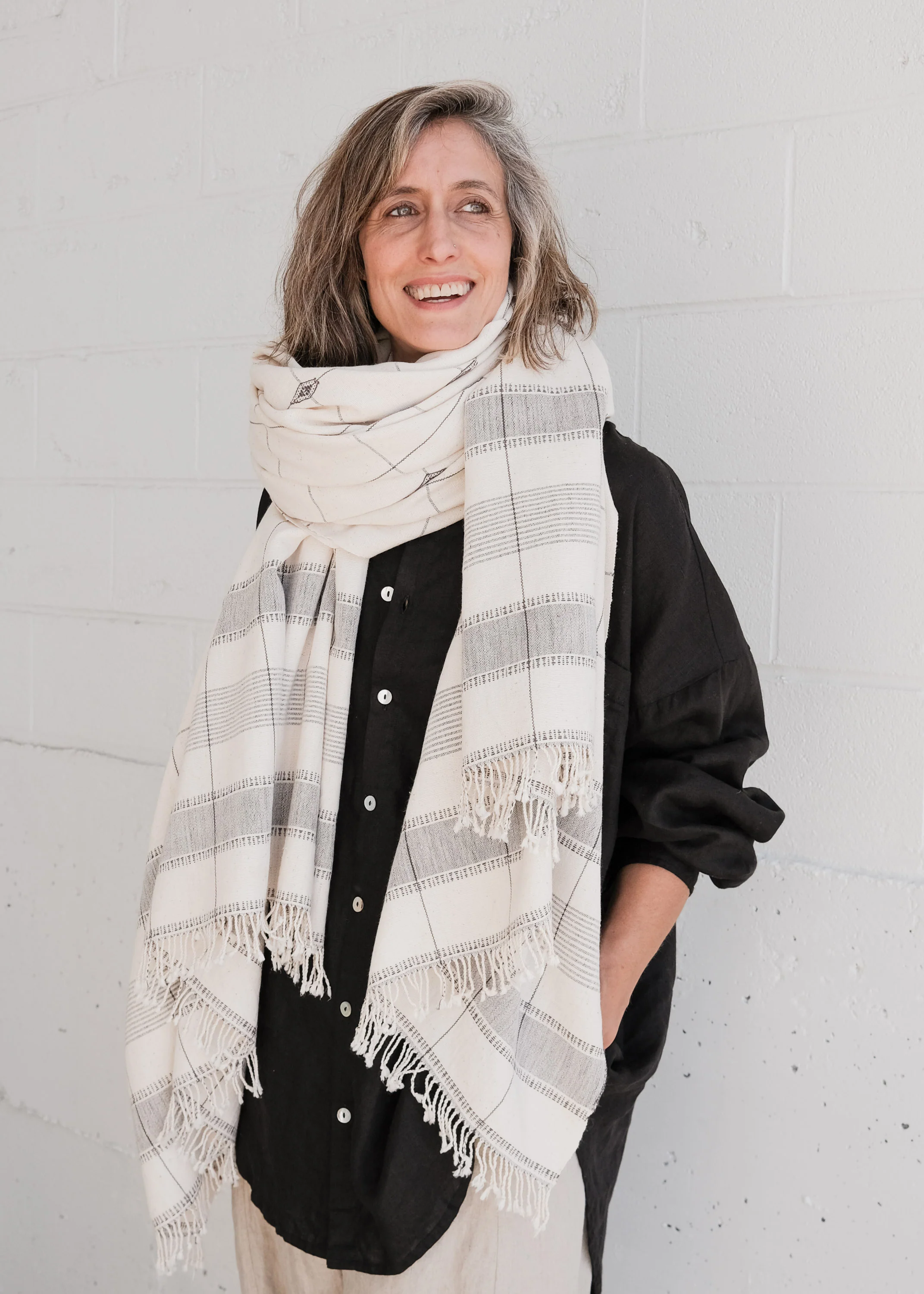 Bhujodi Blanket Shawl - Handwoven Kala Cotton - Ash & Natural - Image 4