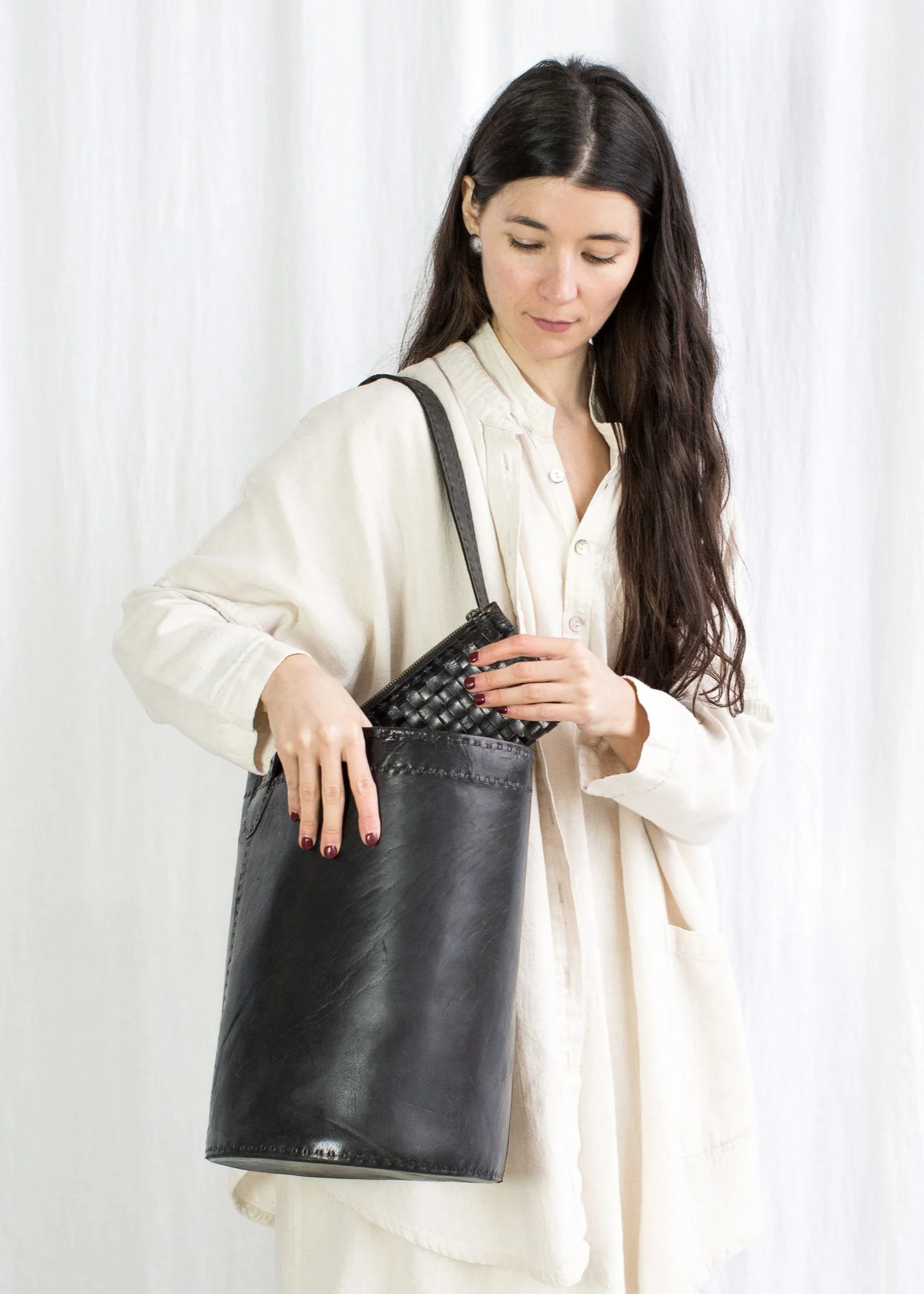 Leather Bucket Bag - Black - Image 2