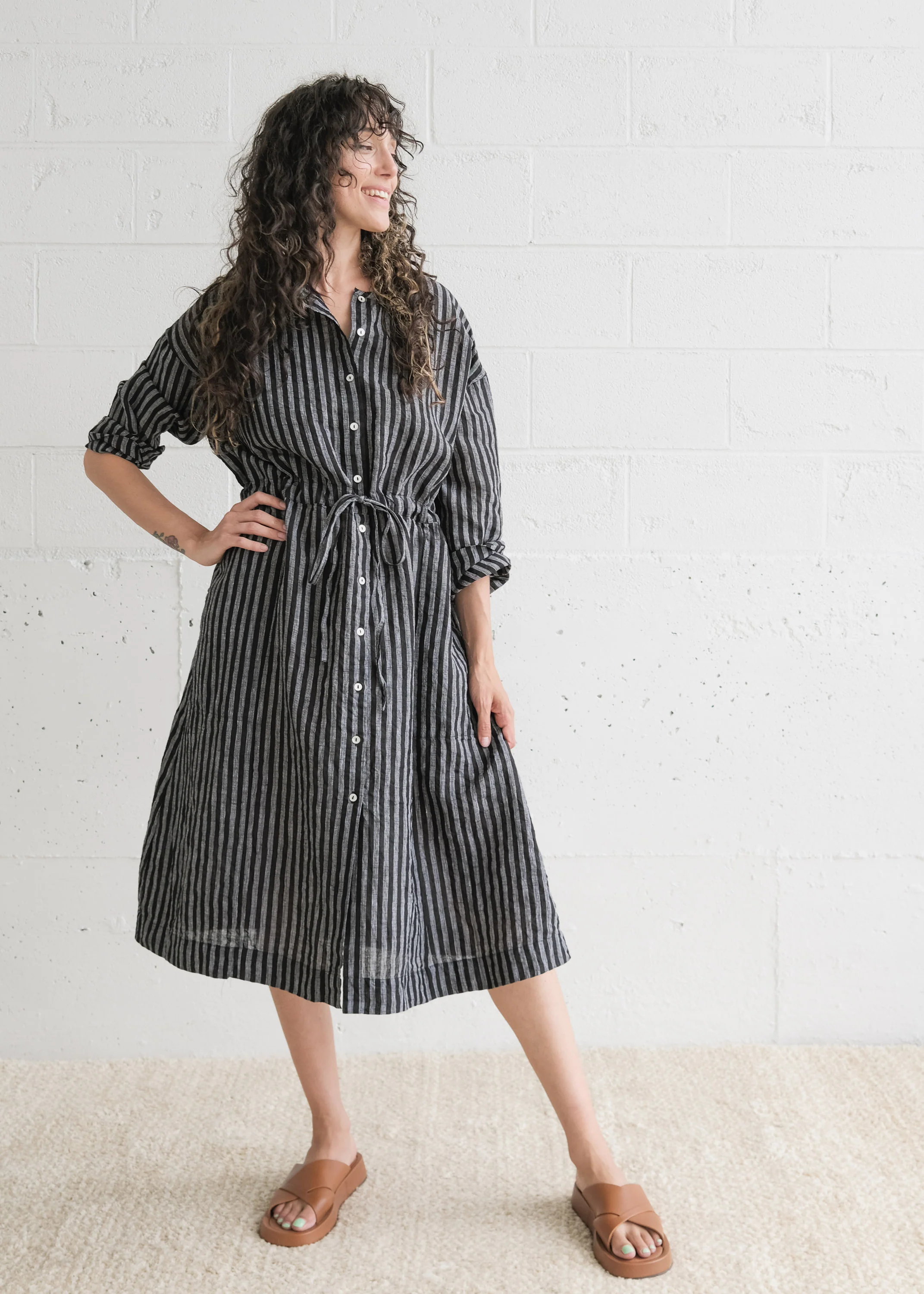 Cardamom Dress - Handwoven Linen - Black Stripe