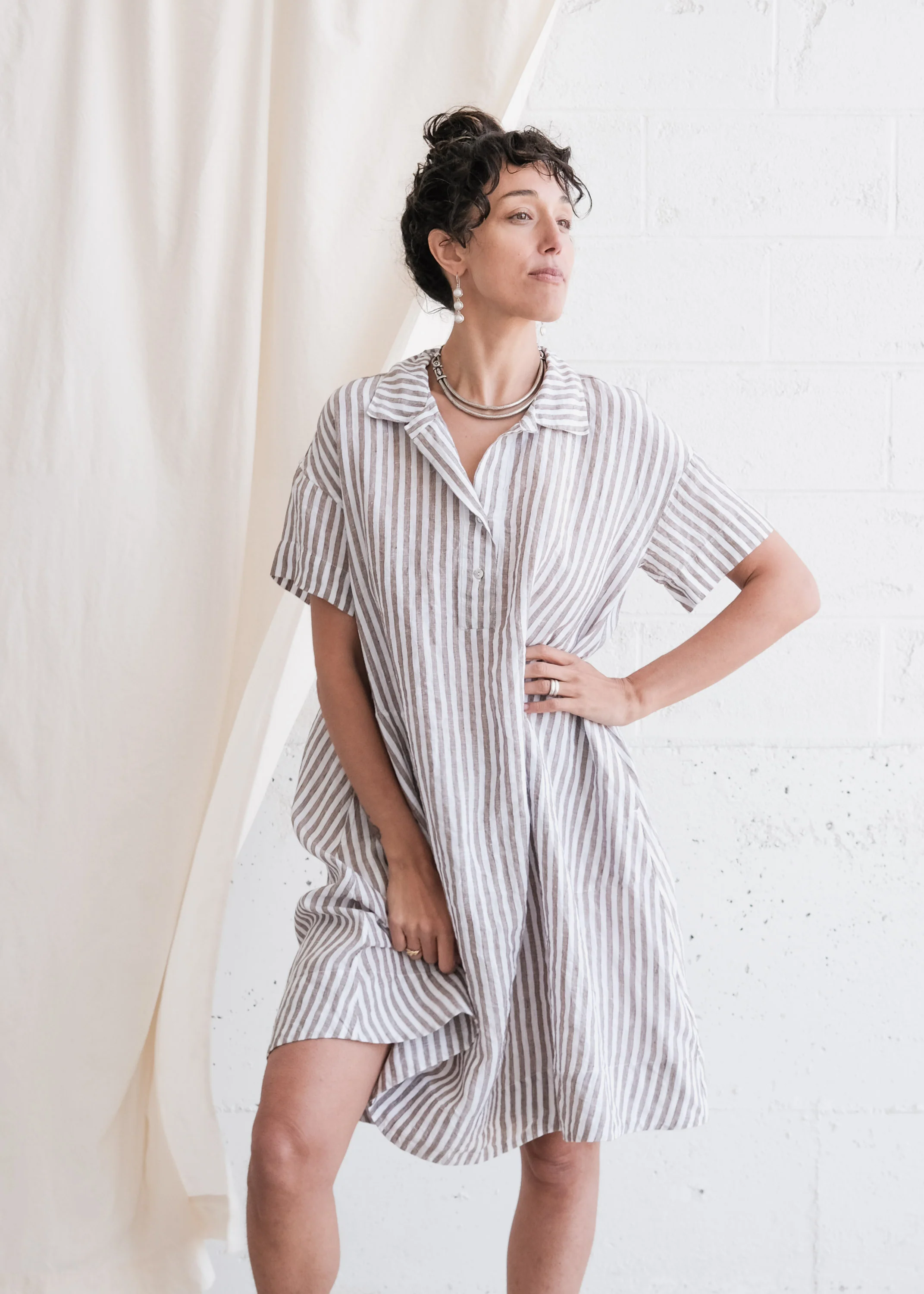 Chandigarh Dress - Handwoven Linen - Sand Stripe - Image 4