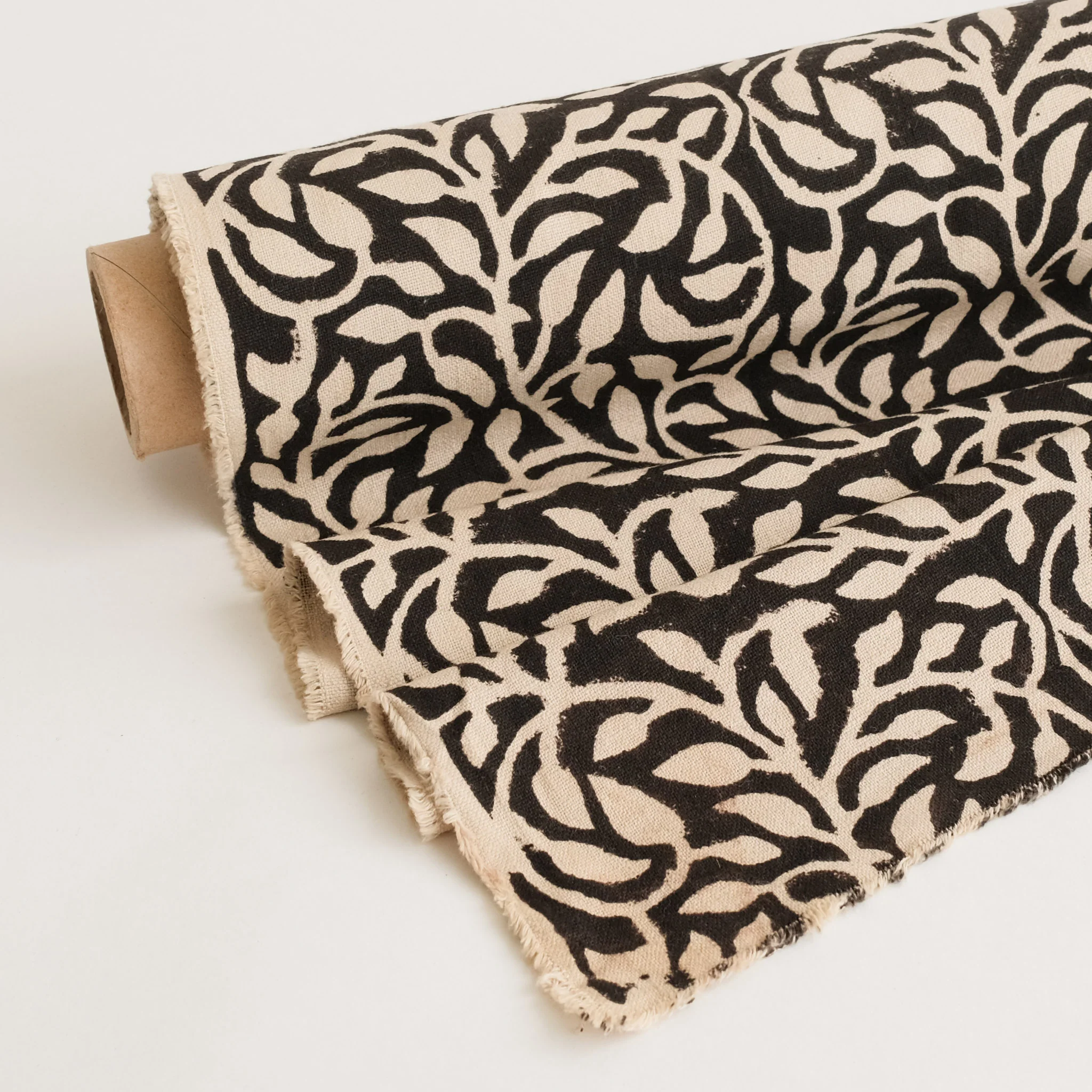 Fabric - Heavy Organic Cotton Block Printed with Natural Dyes - B&W Vine