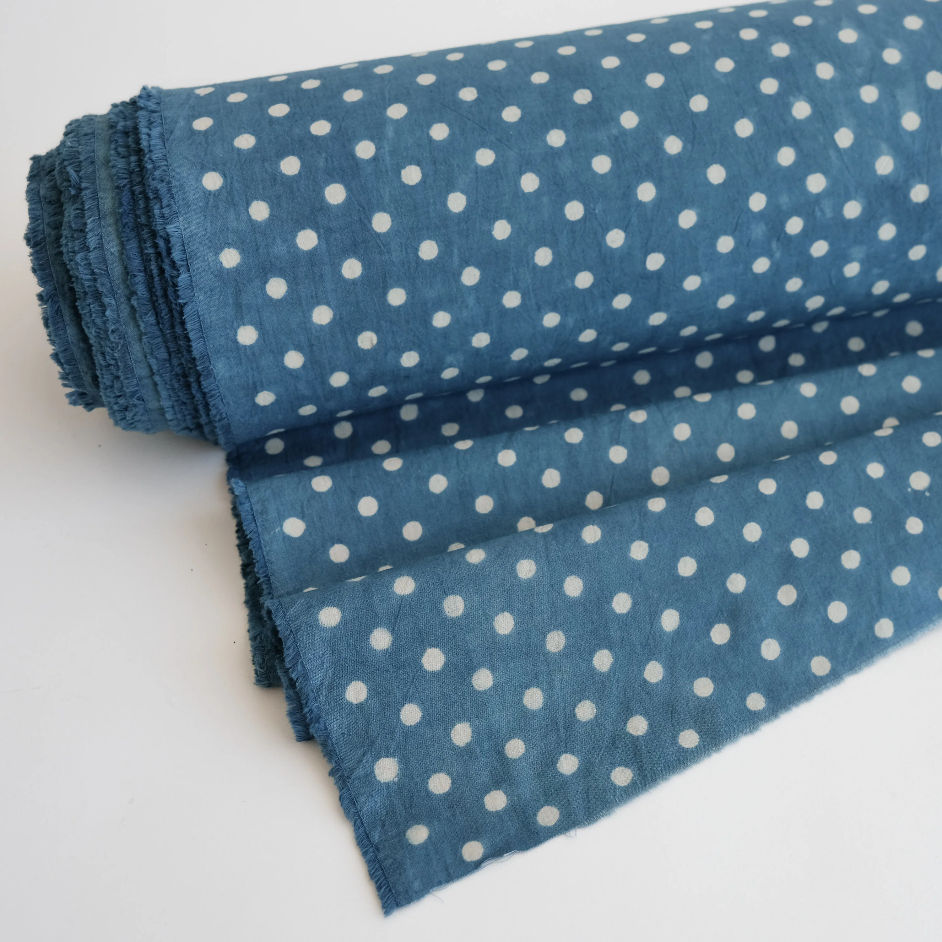 Fabric - Organic Cotton Block Printed with Natural Dyes - Indigo Polka Dots