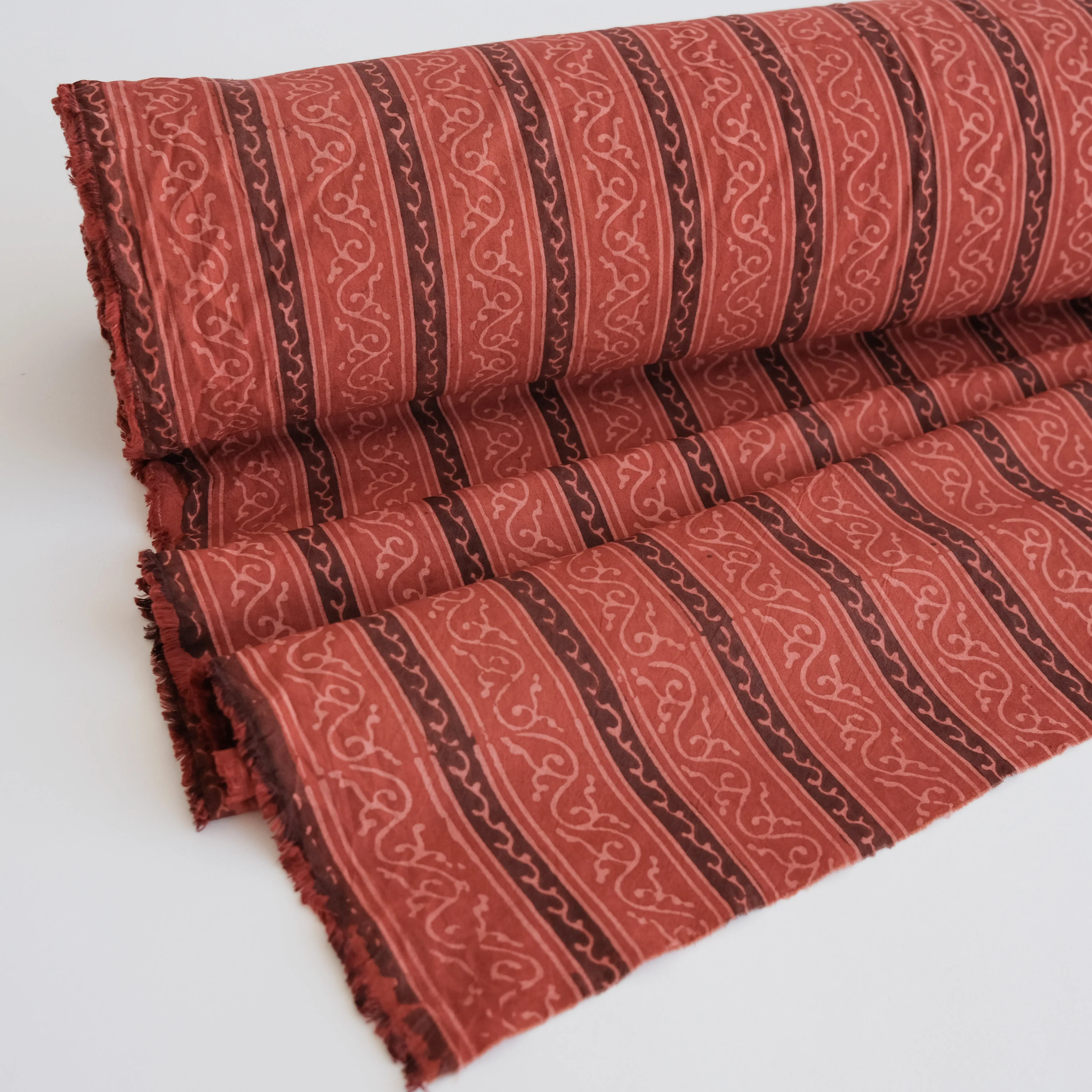 Fabric - Organic Cotton Block Printed with Natural Dyes - Madder Botanical Stripe