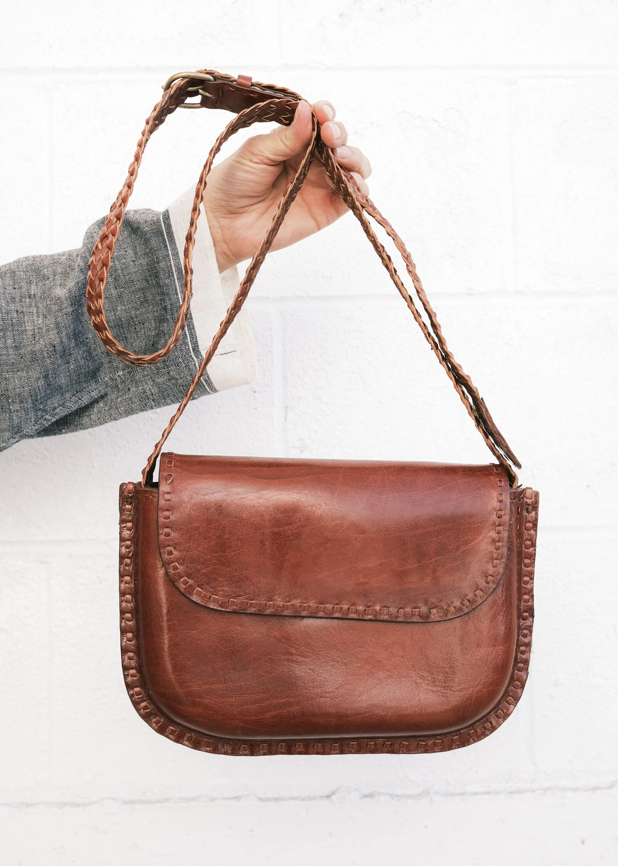 Leather Crossbody Bag - Braided - Red - Image 2