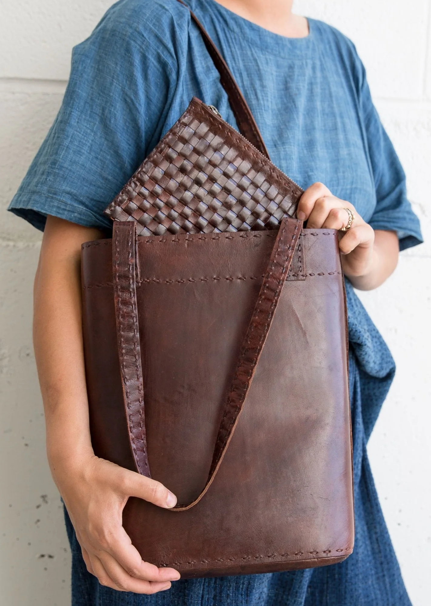 Leather Slim Tote - Brown - Image 2