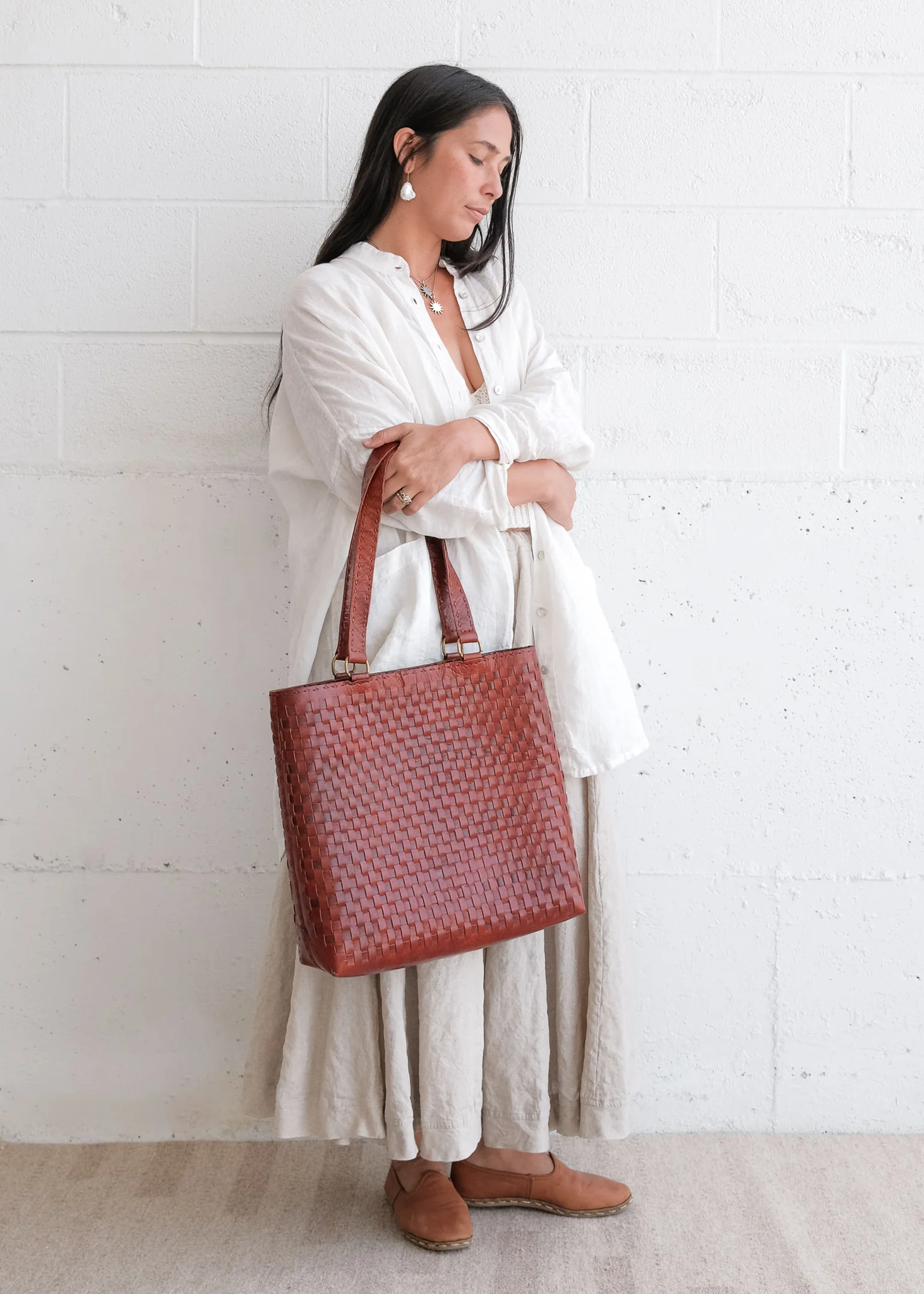 Leather Woven Carryall - Red - Image 4