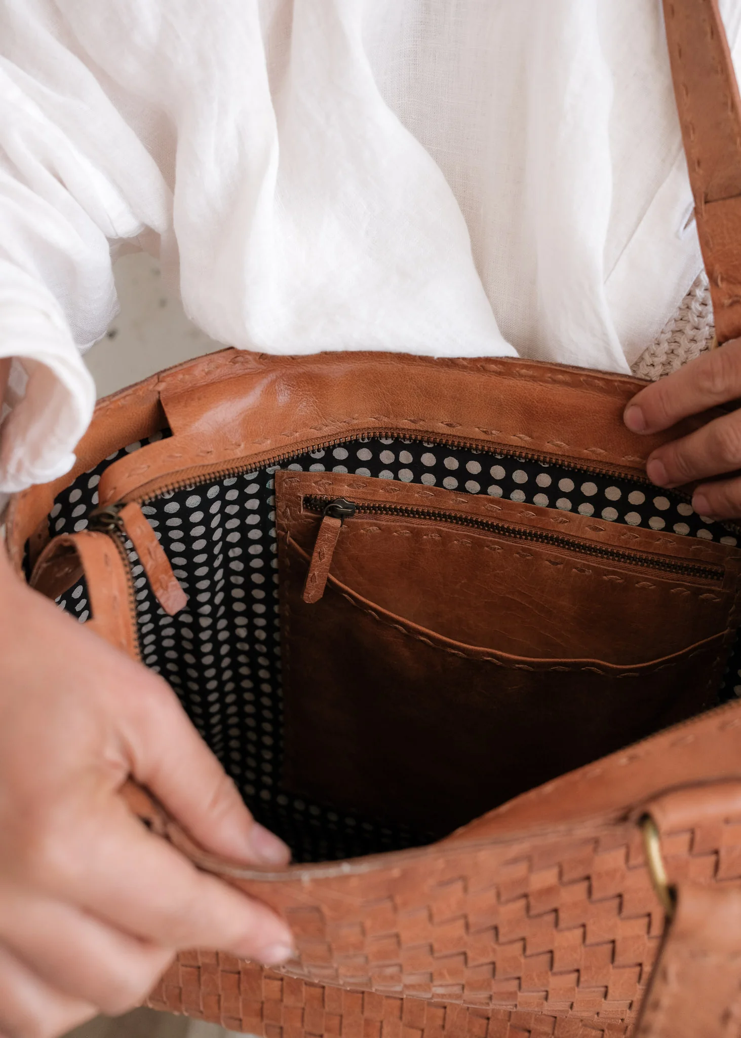 Leather Woven Carryall - Tan - Image 8