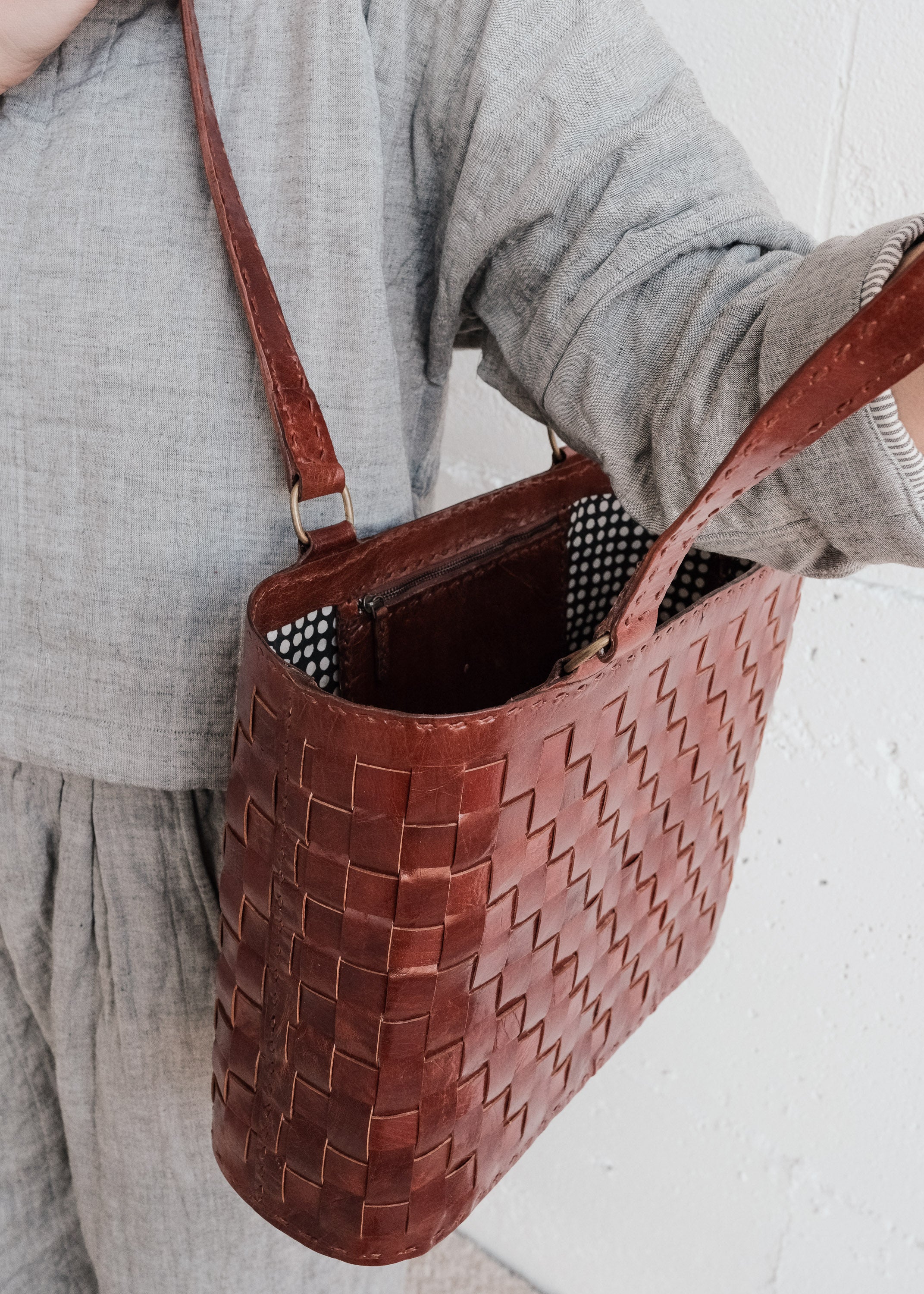 Leather Woven Medium Tote - Red - Image 4