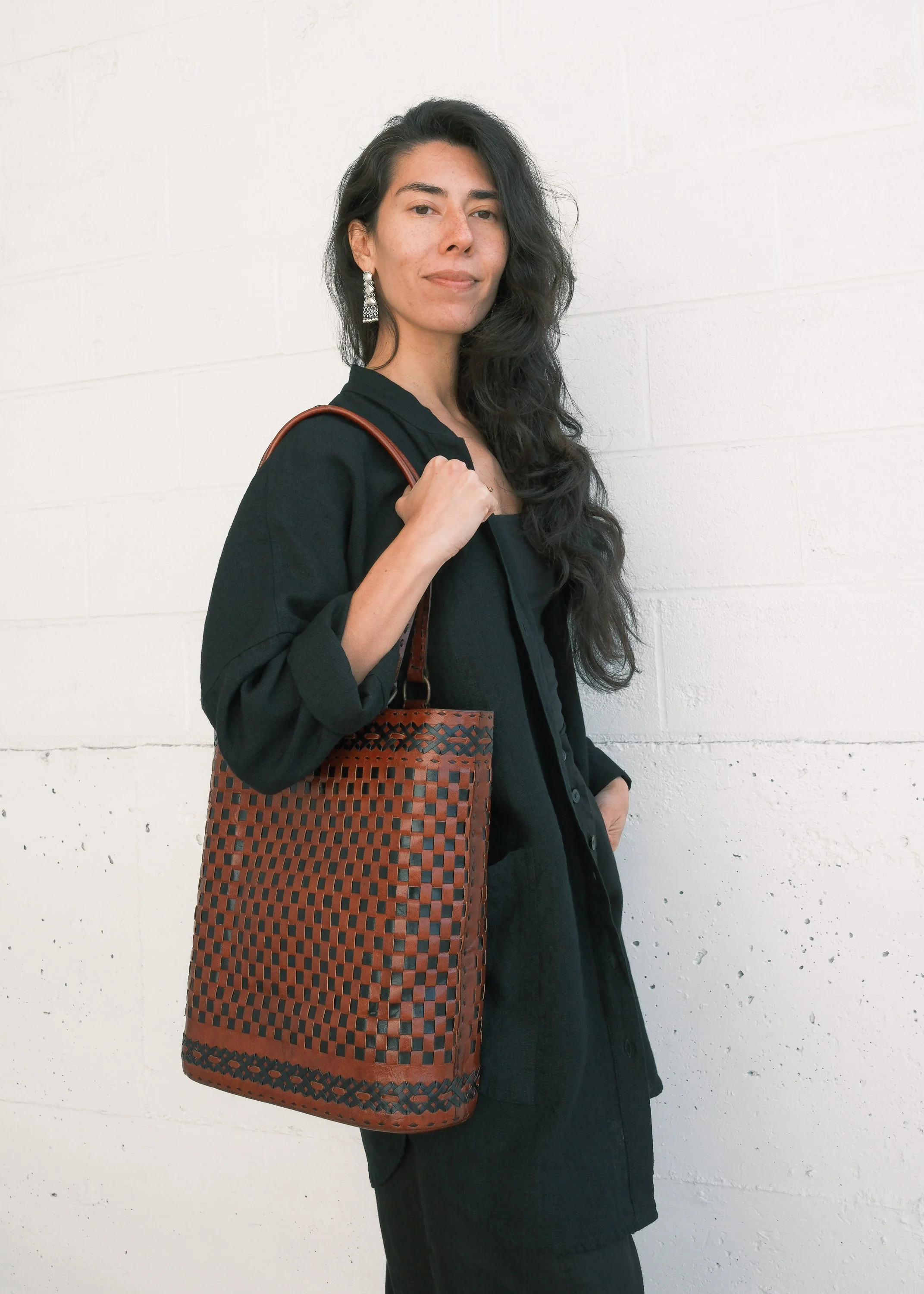 Leather Woven Tote Bag - Braided Black & Red - Image 7