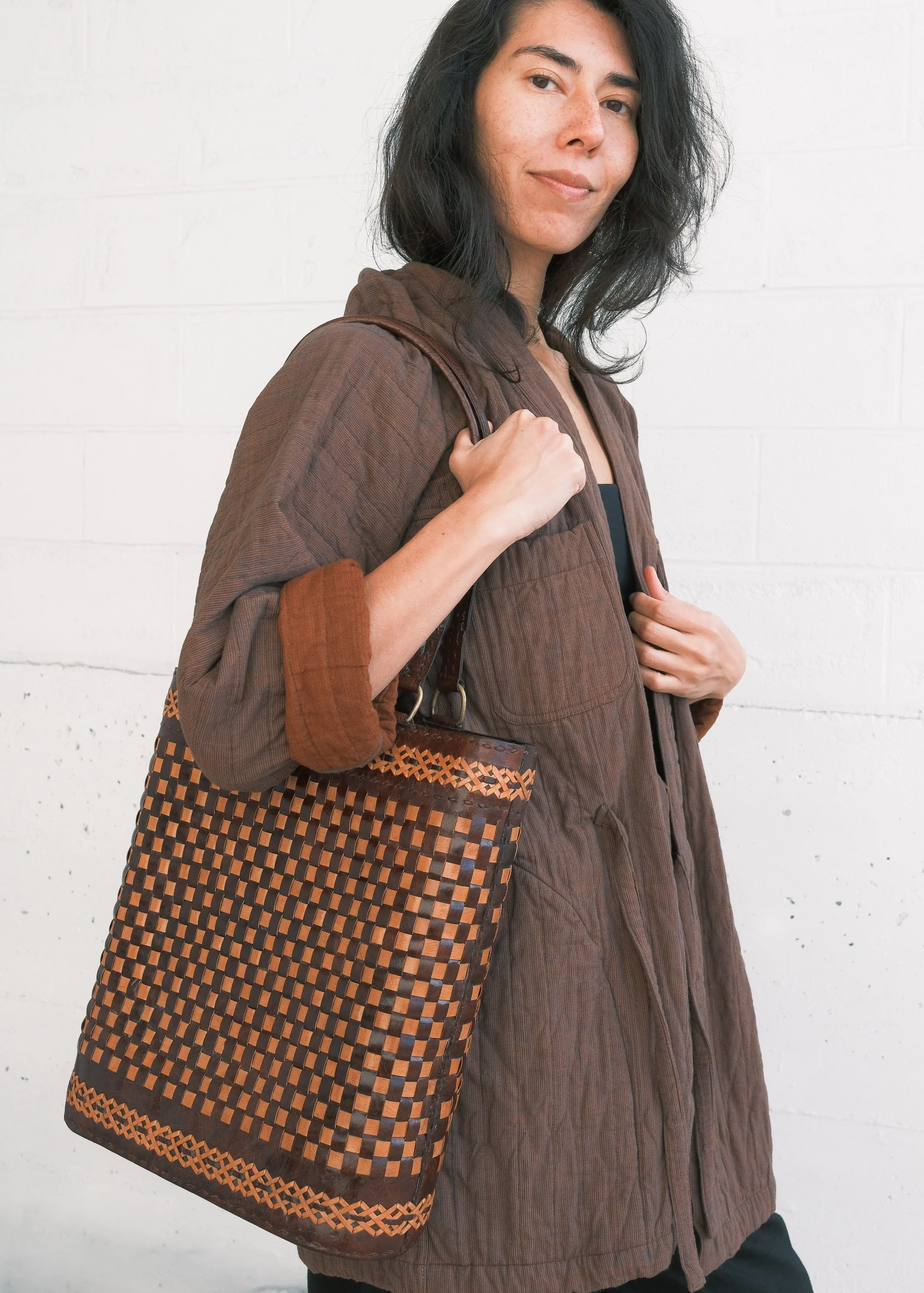 Leather Woven Tote Bag - Braided Brown & Tan - Image 2