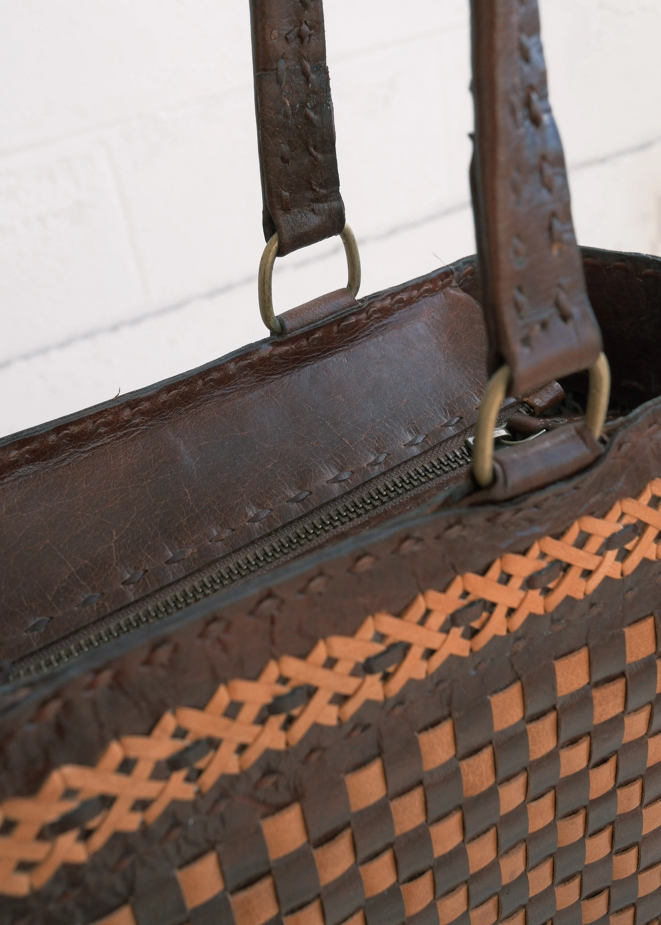 Leather Woven Tote Bag - Braided Brown & Tan - Image 7