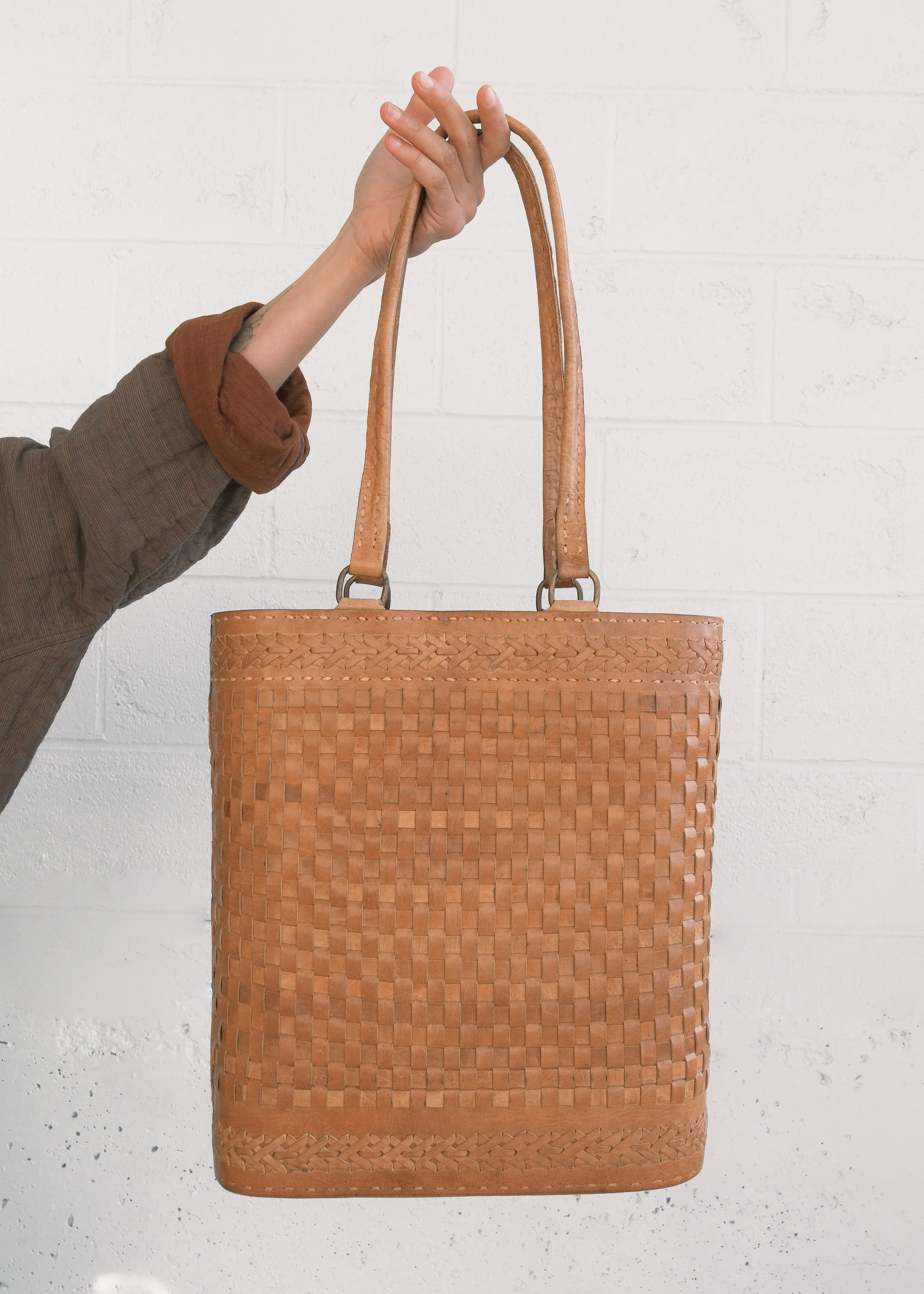 Leather Woven Tote Bag - Braided Tan - Image 5