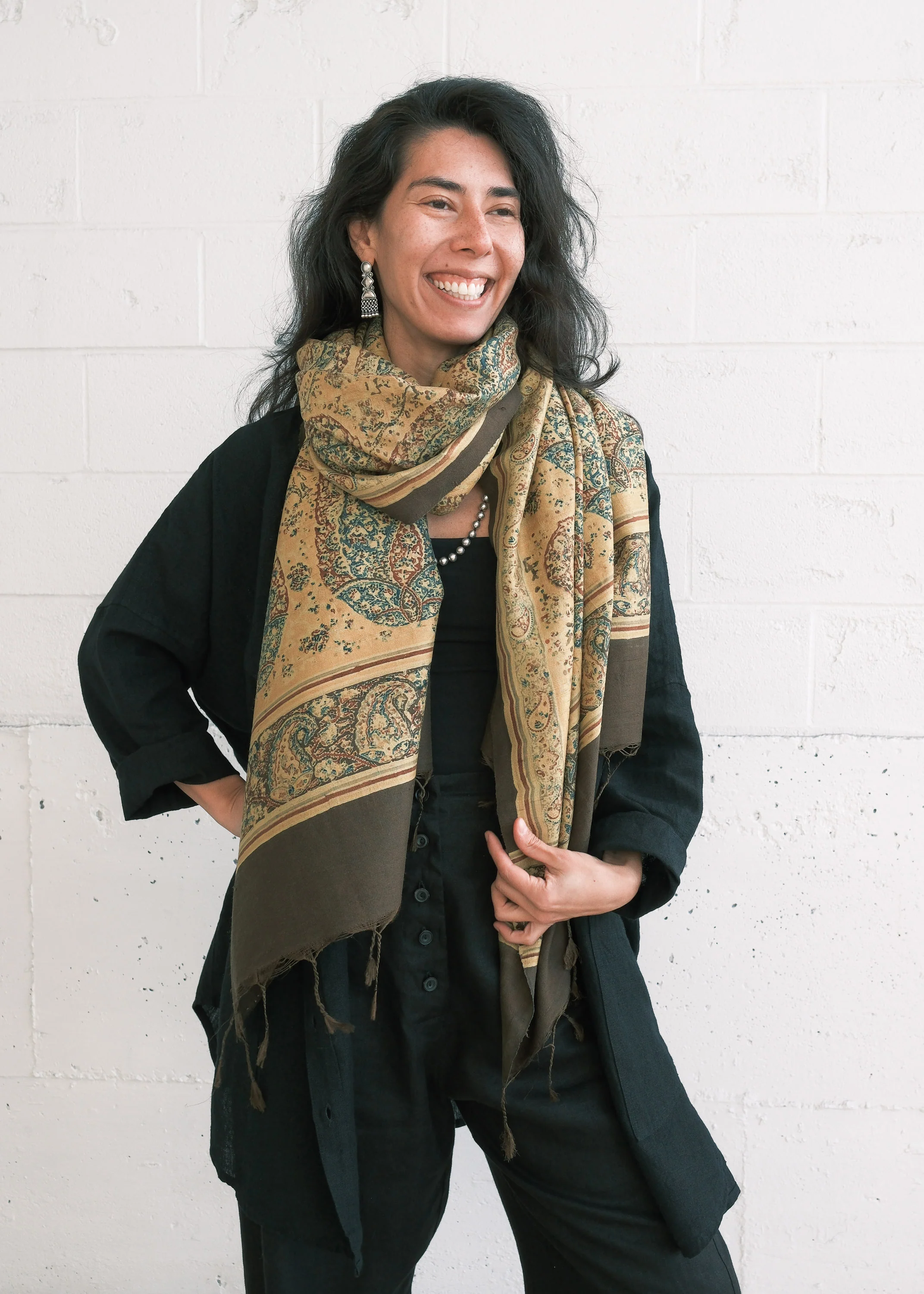 Mumbai Block Print Shawl - Handwoven Silk - Saffron Paisley - Image 3