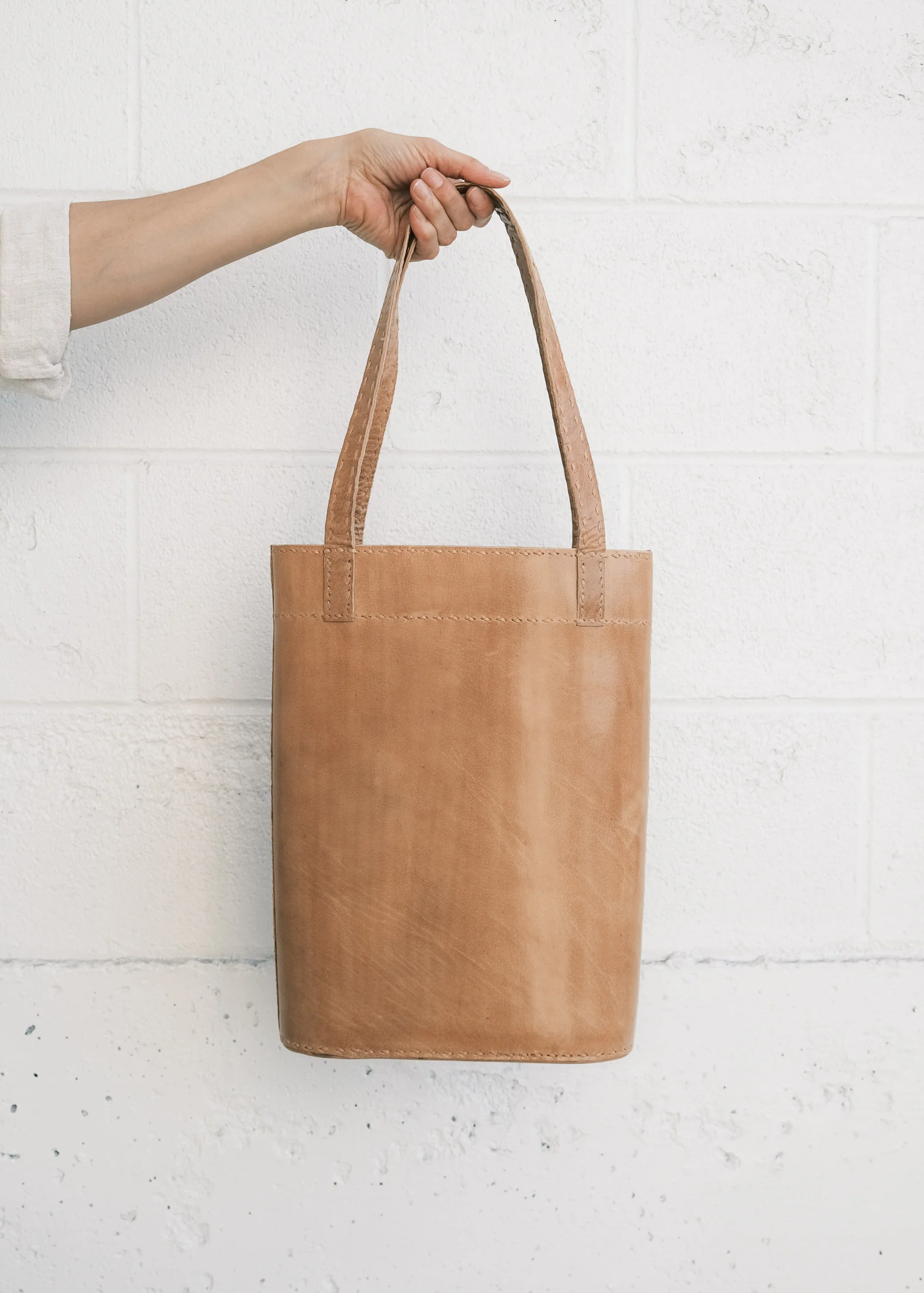 Leather Slim Tote - Tan - Image 9