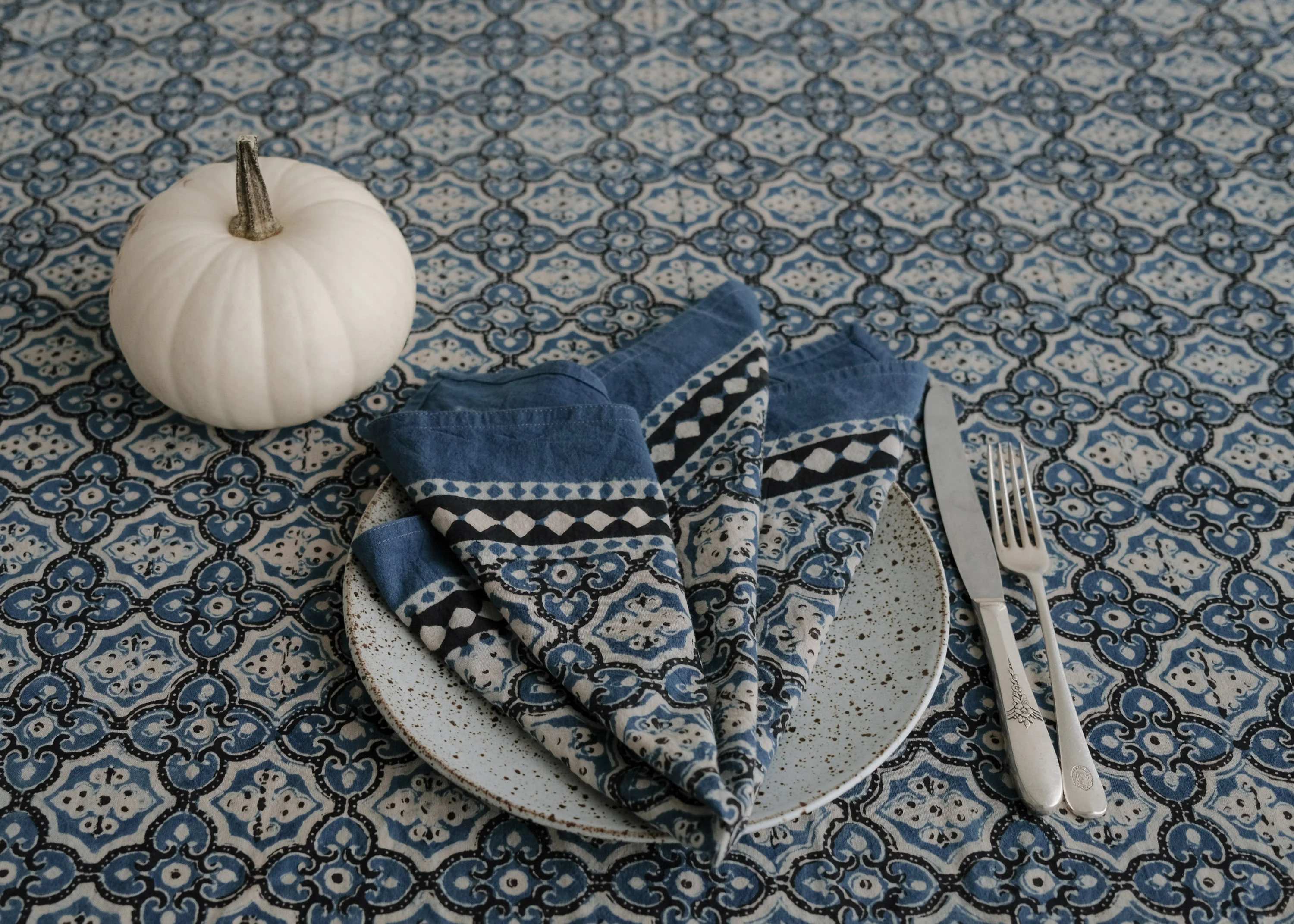 Organic Cotton Square Tablecloth - Ajrakh Indigo Arabesque - Image 5