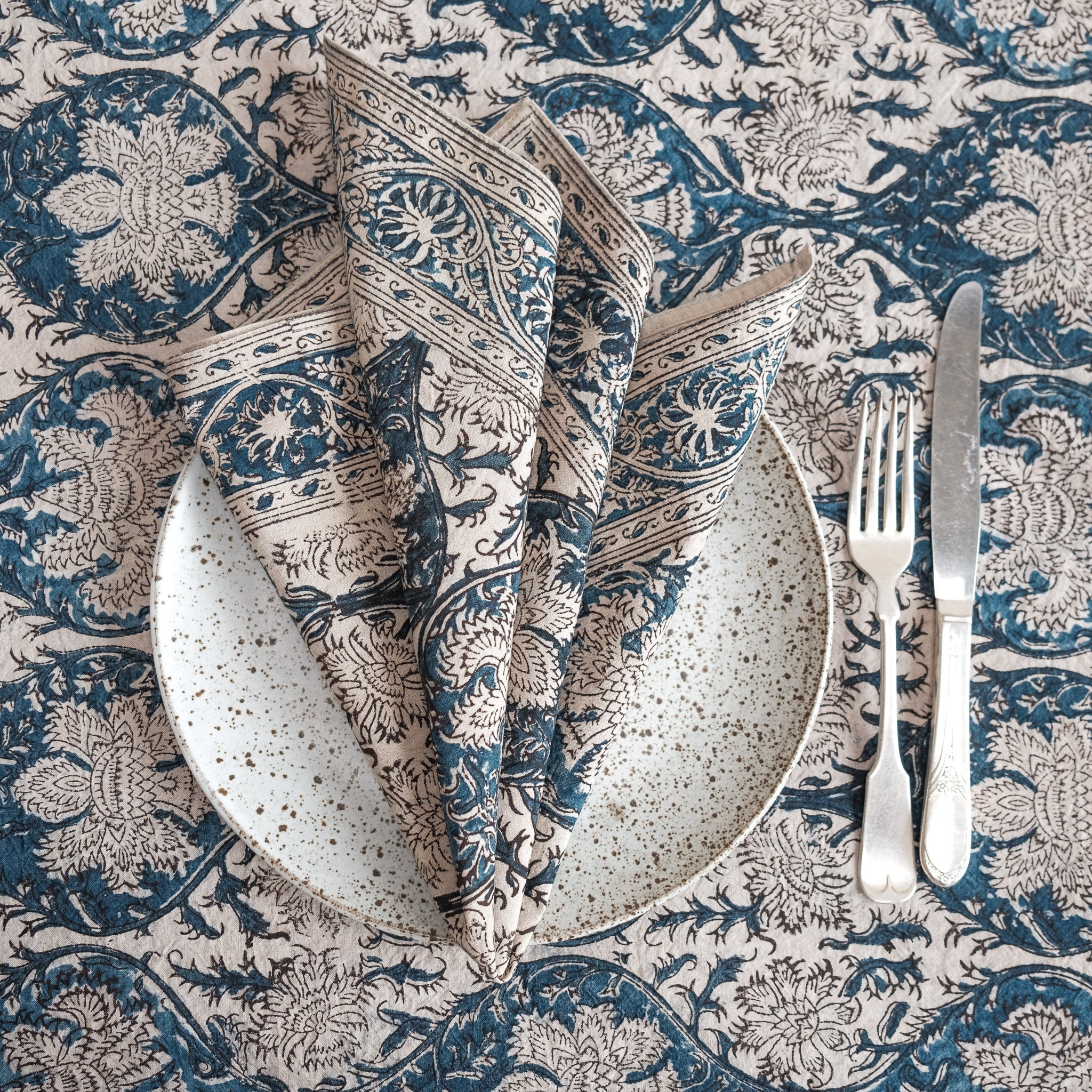 Organic Cotton Square Tablecloth - Kalamkari Indigo Palm