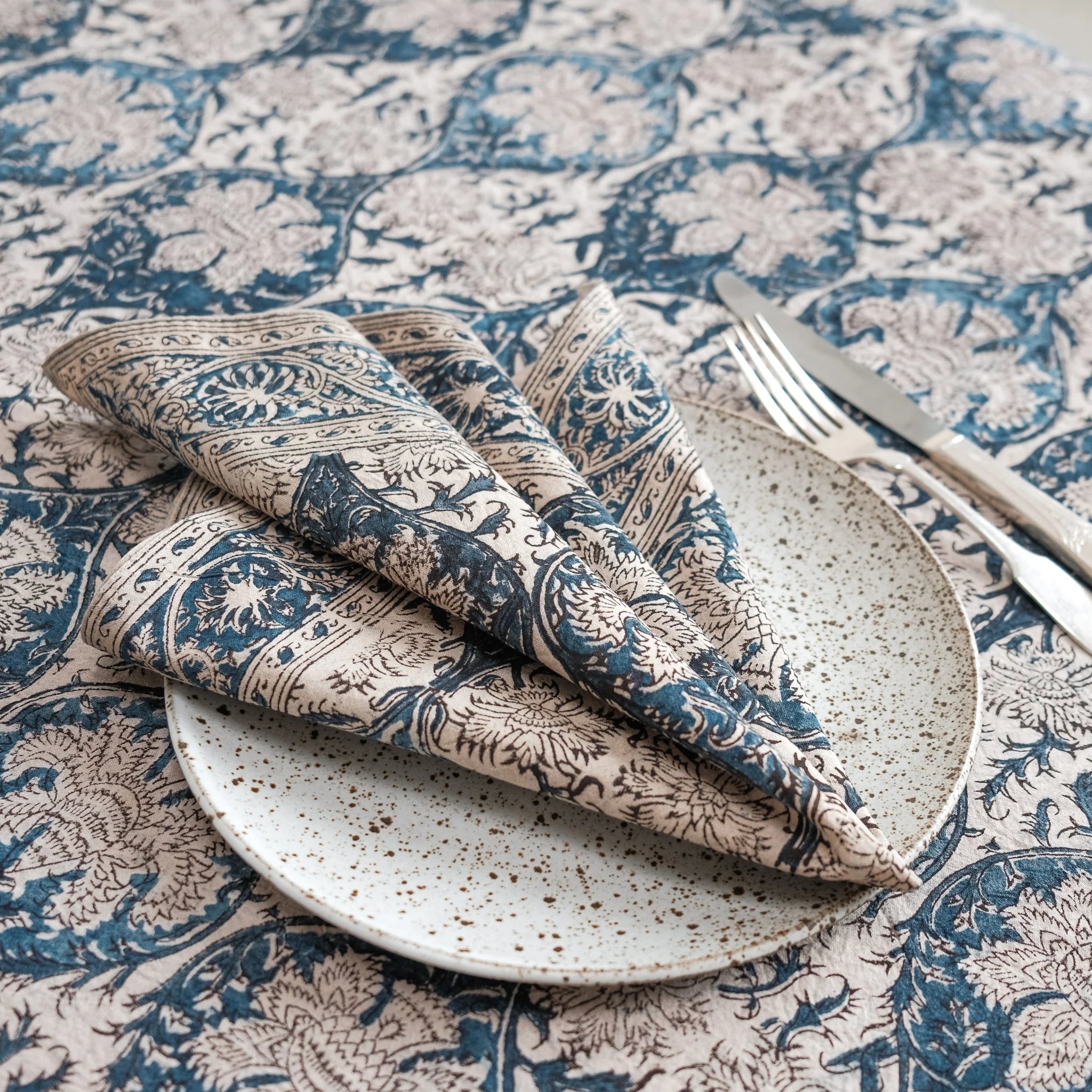 Organic Cotton Square Tablecloth - Kalamkari Indigo Palm - Image 2