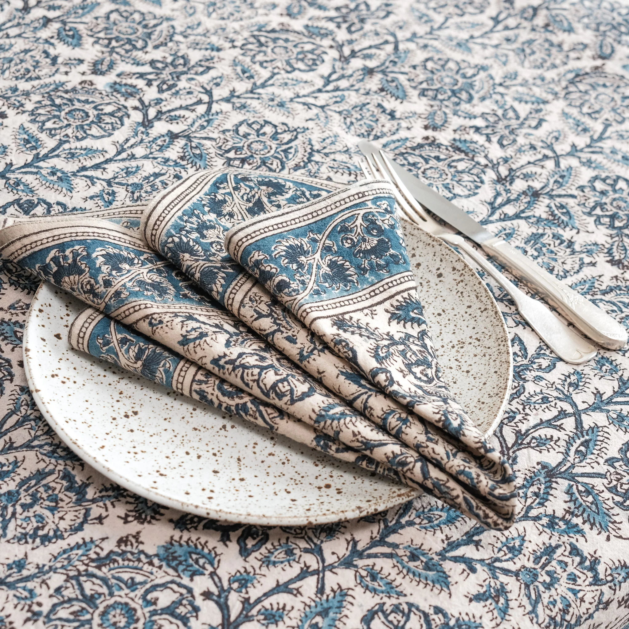 Organic Cotton Square Tablecloth - Kalamkari Indigo Fleur - Image 2