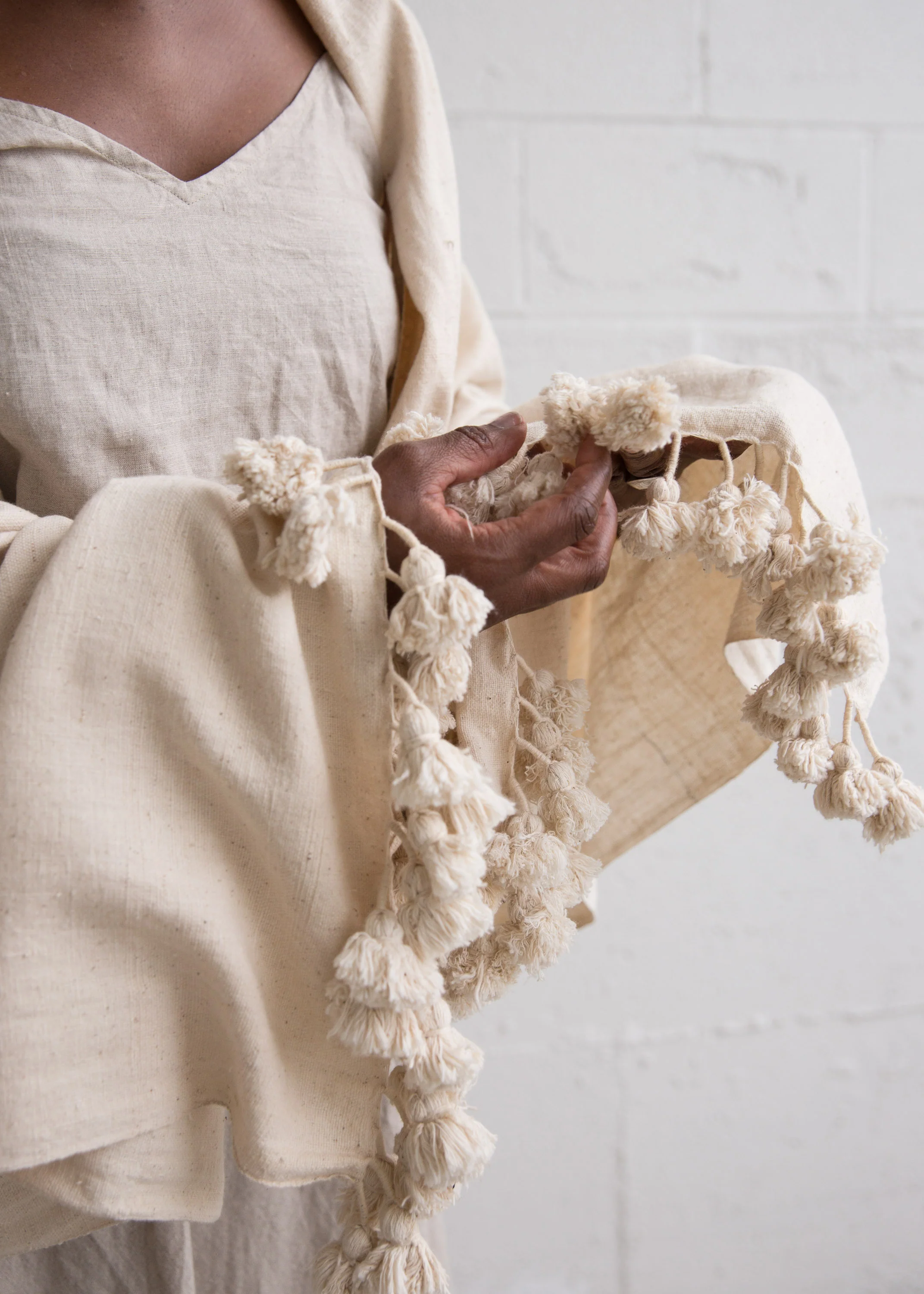 Organic Handspun Cotton Pom Pom Shawl - Image 6