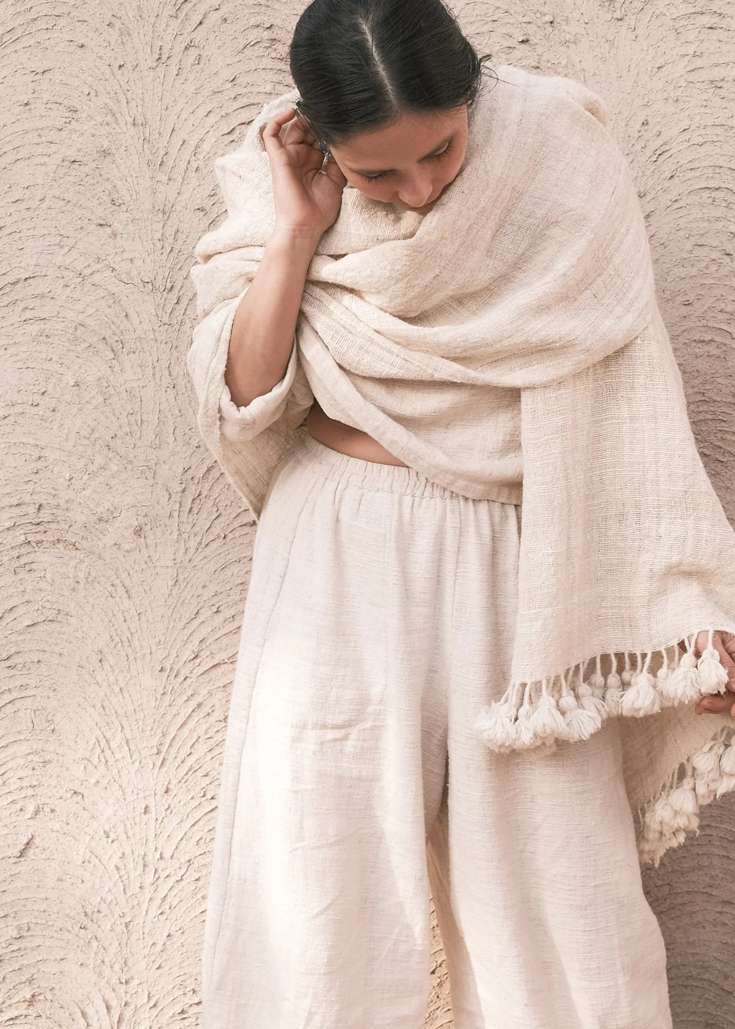 Organic Handspun Cotton Pom Pom Shawl - Image 8