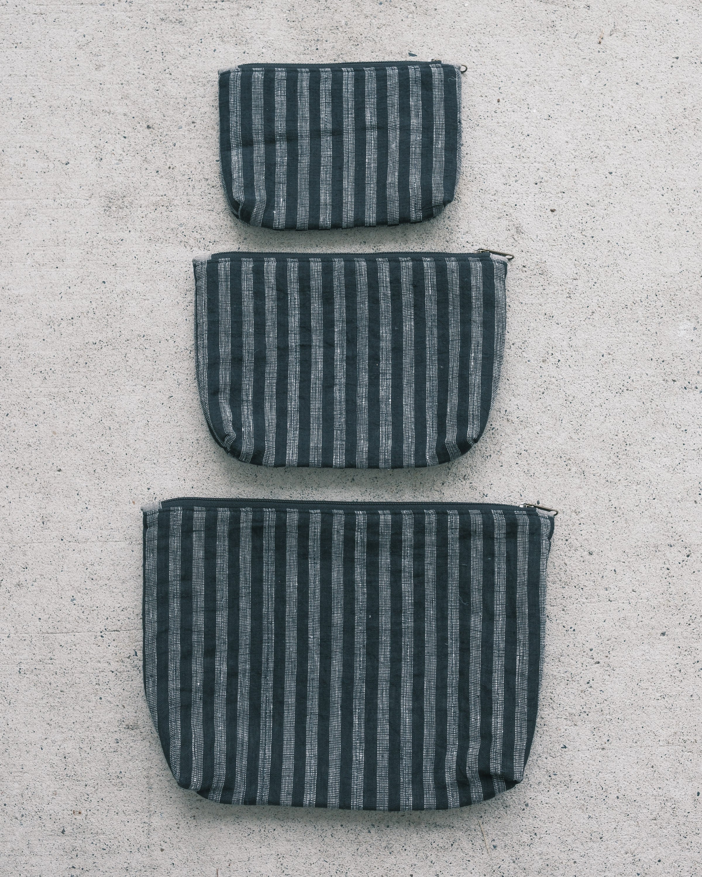 Quilted Organizer Pouches - Set of 3 - Handwoven Linen - Ebony Stripe