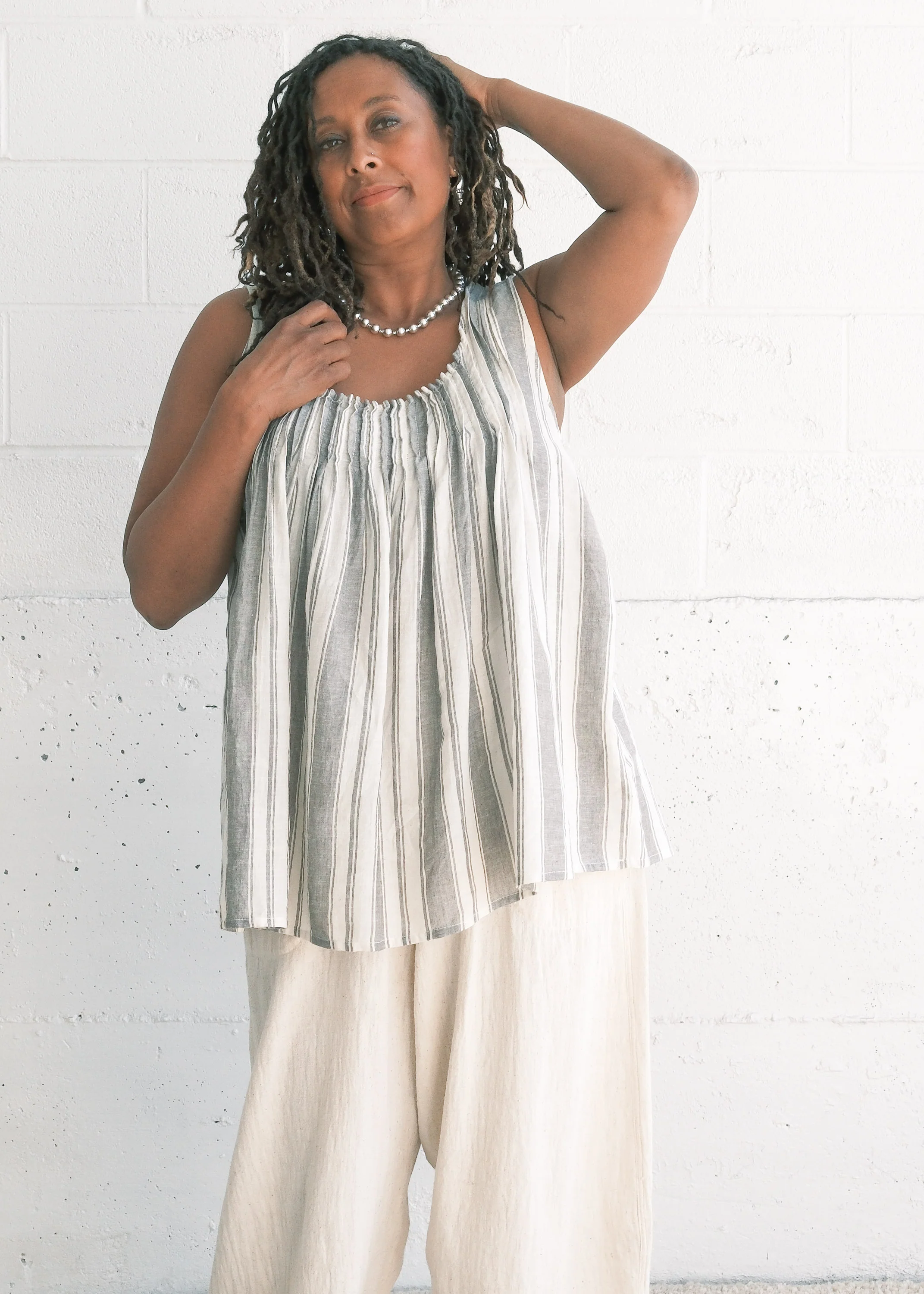 Tulu Tank - Handwoven Cotton & Linen - Stone Stripe - Image 5